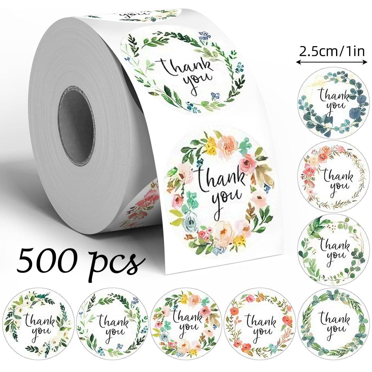 500 stickers/roll Floral English Thank You Roll Stickers 1 inch 8 designs Creative Gift Packaging Seal Stickers Cross-border Hot Sale