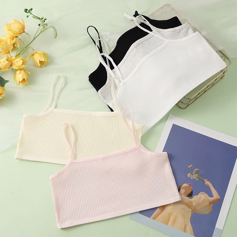 Pure Cotton Girls' Developmental Period Strap Vest Ribbed Korean Style Solid Color Primary School Tube Top Underwear Anti-Bulge Base Layer Shirt