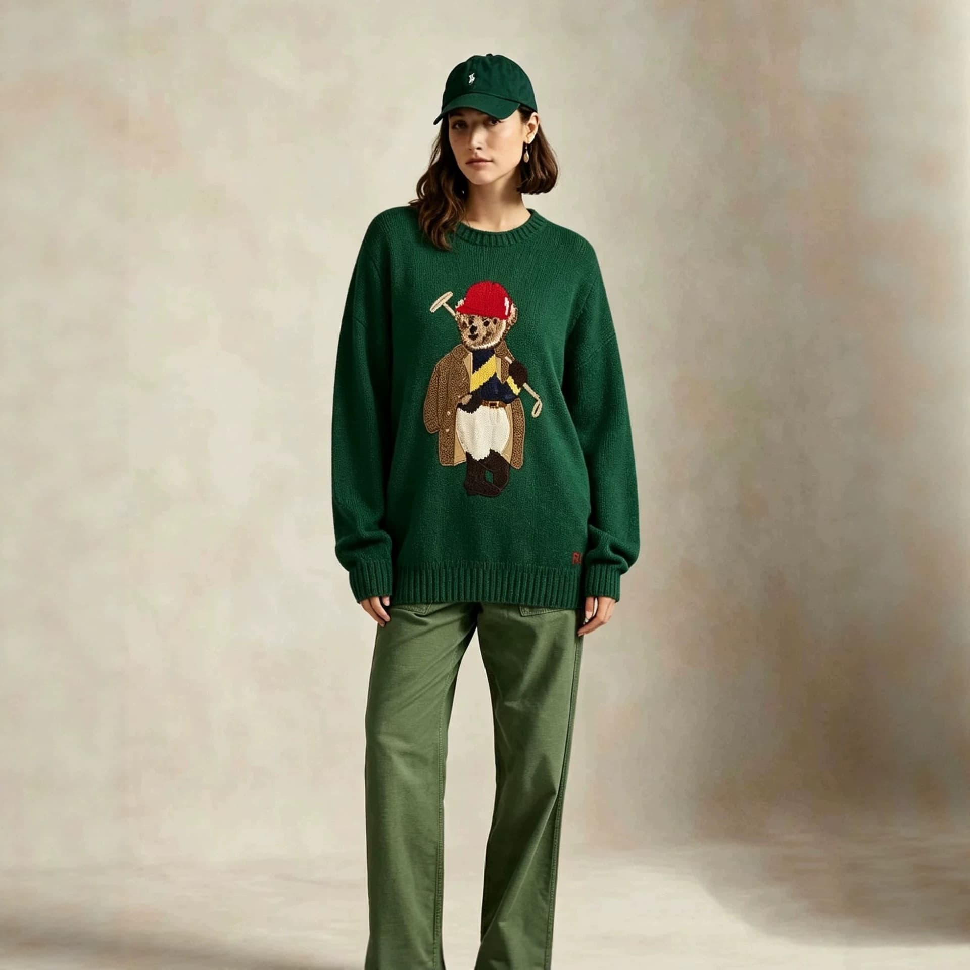 European and American 2026 cross-border women's clothing retro American embroidered cartoon bear doll long-sleeved classic versatile round neck knitted sweater
