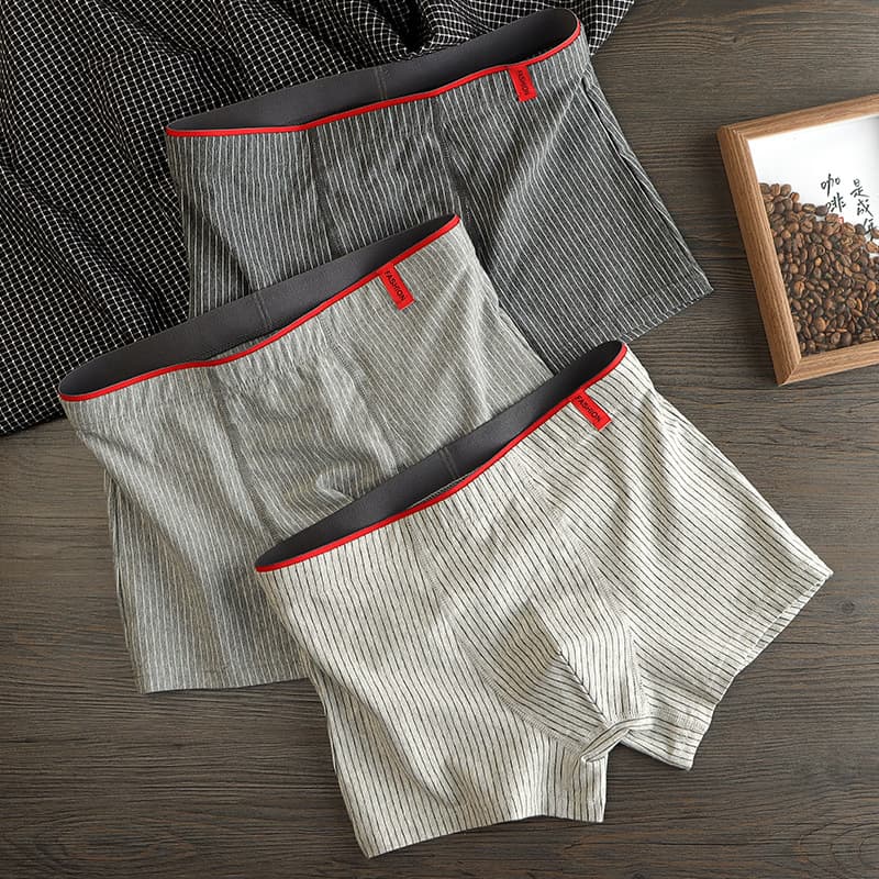 Men's Cotton Boxer Briefs Breathable Sports Shorts Striped Comfortable Big Size Youth Flat Briefs