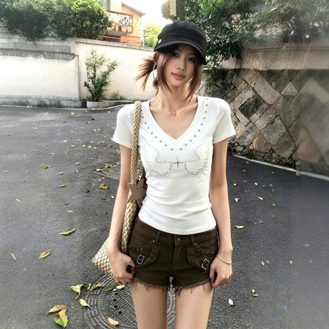 American Style Short Sleeve T-Shirt for Women Summer Slim Fit Unique Base Tee V-Neck Rivet Hot Girl Top New Arrival