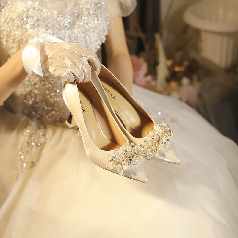 C758-7 Bridesmaid Single Shoes Wedding Banquet Bride Shoes Wedding Shoes Dual-Purpose for Wedding Gown and Xiuhe Dress, Non-Tiring Pointed Toe High Heel