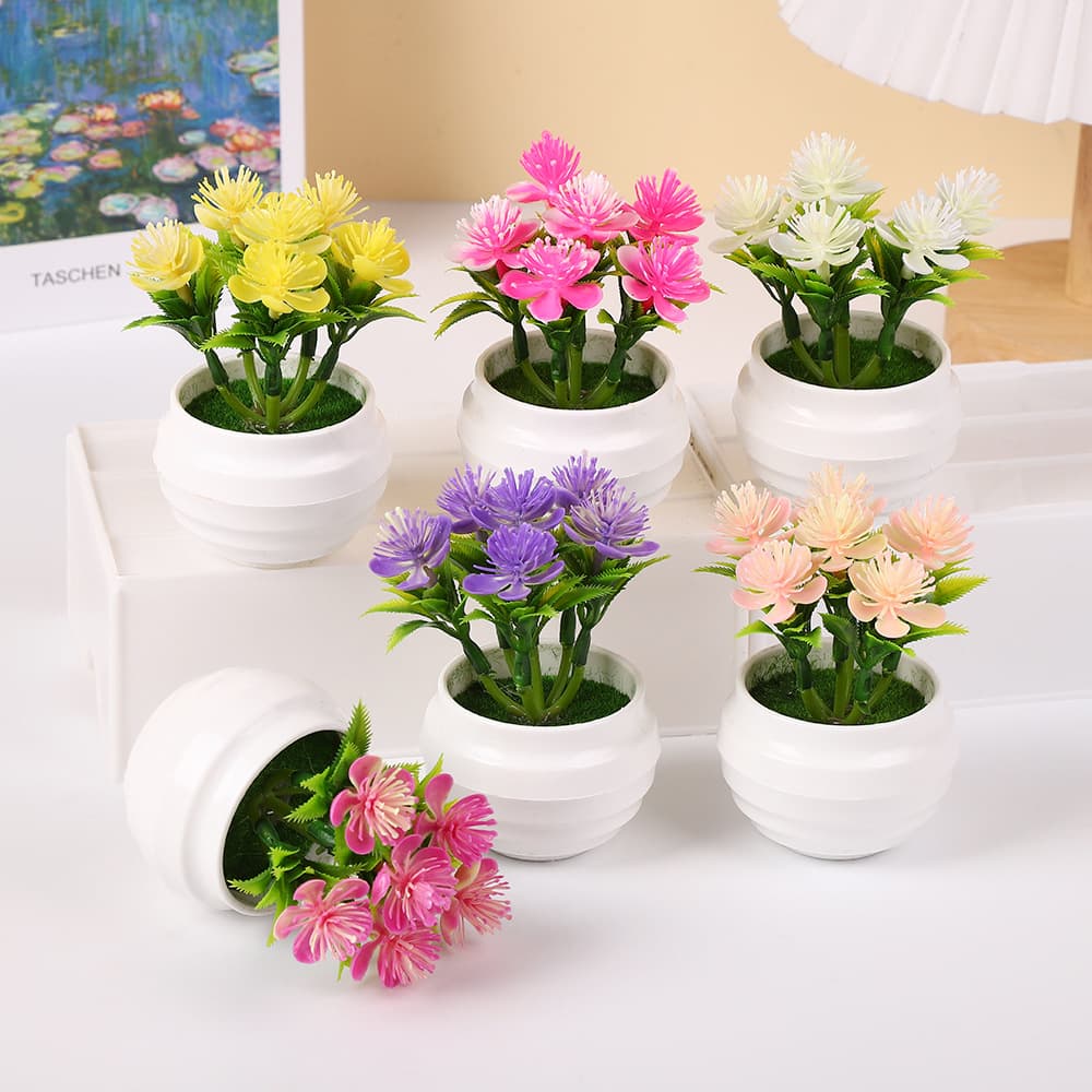 Simulated 6 Small Plum Blossom Potted Plant Decoration Artificial Flowers Desktop Ornament PP Fake Flowers Green Plant Mini Potted Plant