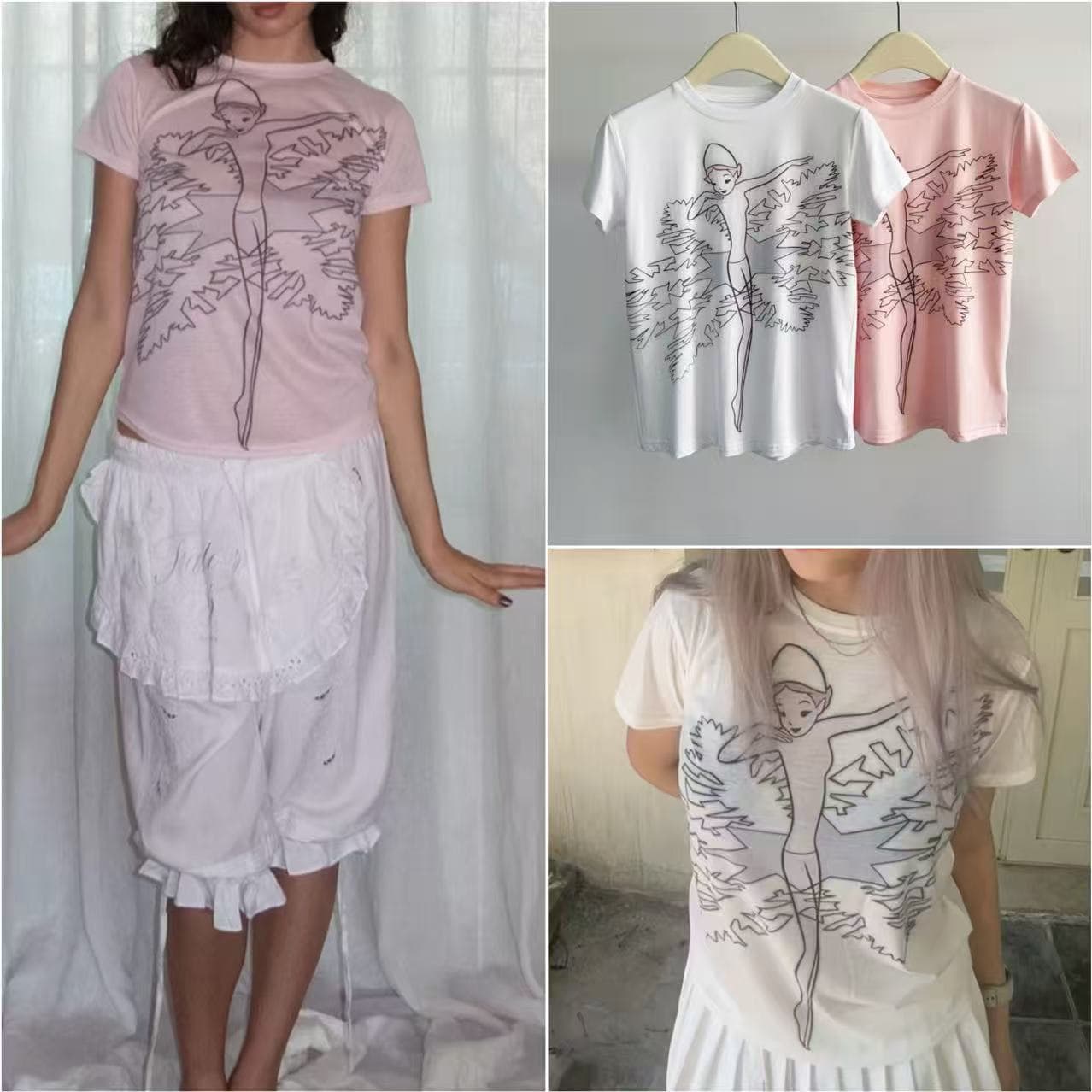 New! Korean Trendy Slim Fit Artistic Ballet Girl Fairy Graphic Short Sleeve T-Shirt Top