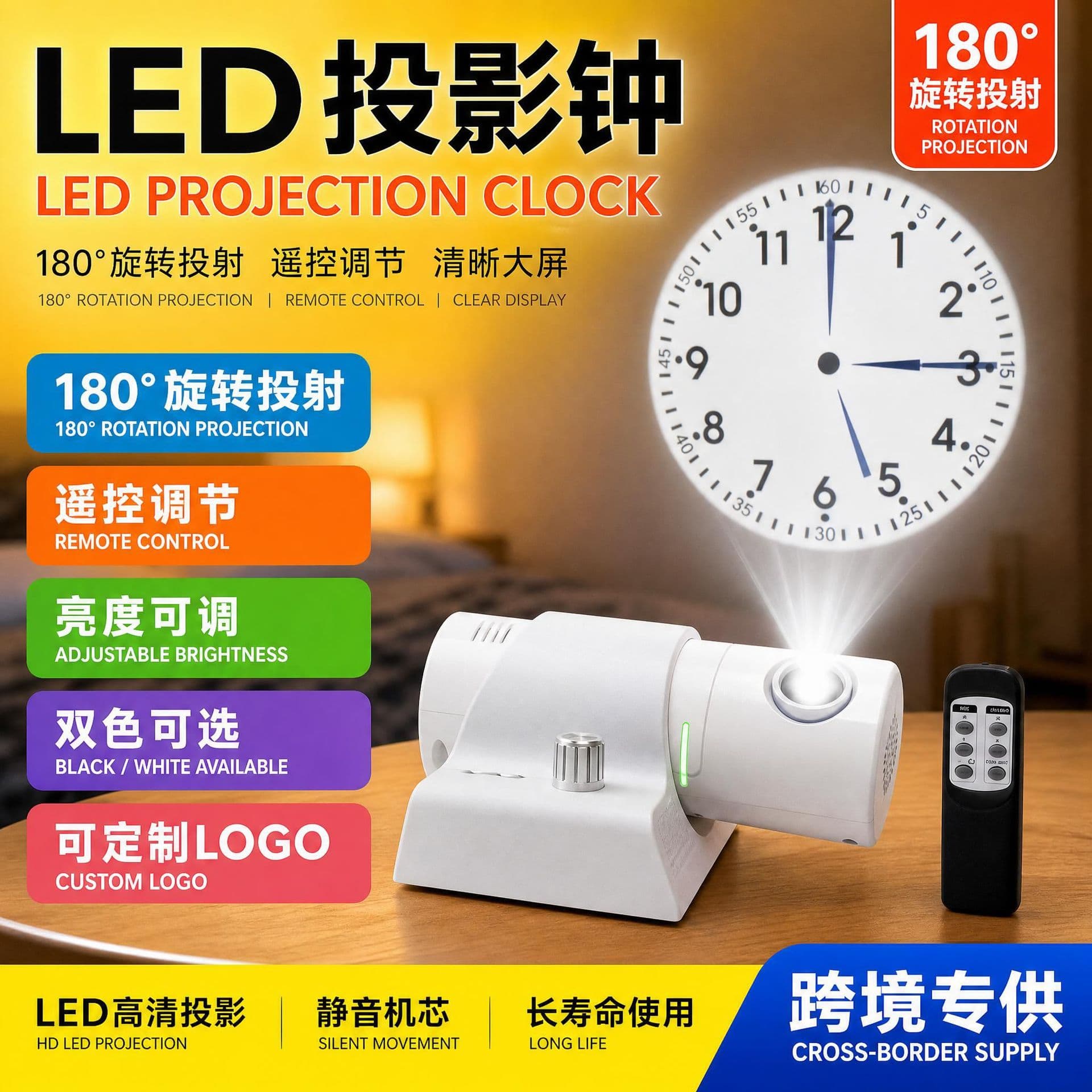 Cross-border LED remote control projection clock 180 degree rotation silent night light can be printed with LOGO projection clock ready stock wholesale
