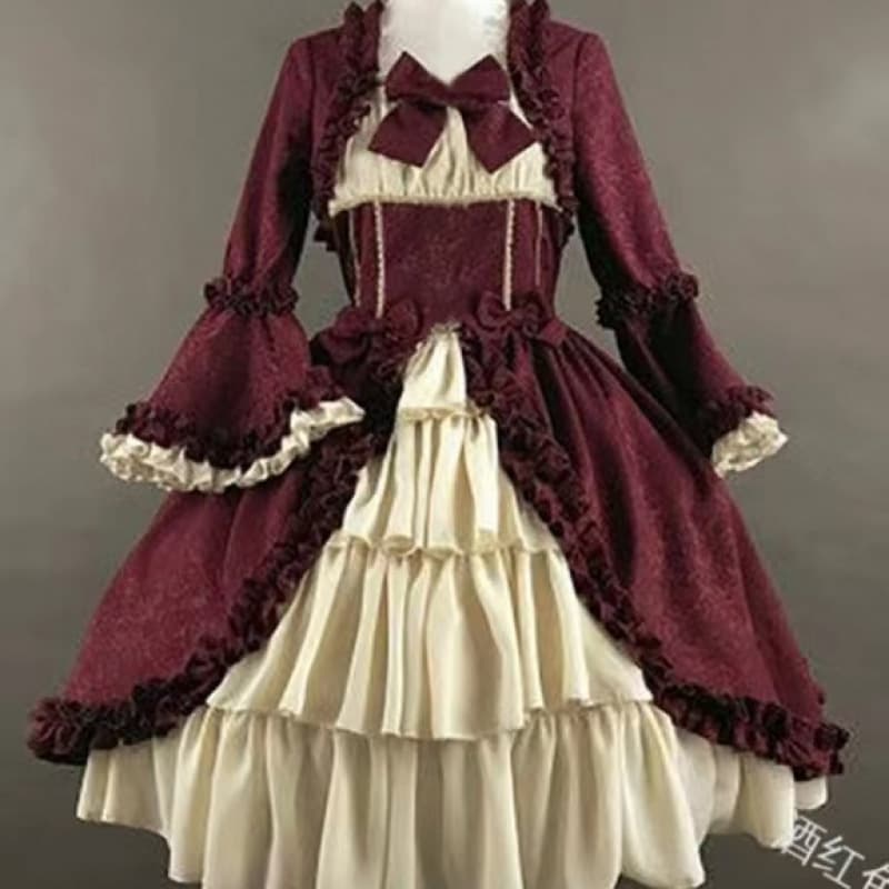 Red lace dress French court princess dress square neck medieval retro Gothic long lolita in stock.