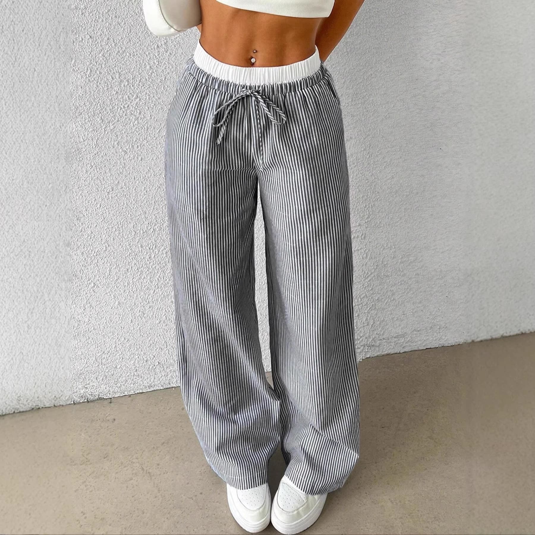 European and American Export Amazon Slimming Contrast Color Personality Loose Printed Drawstring Straight Leg Pants for Women Street High Waist
