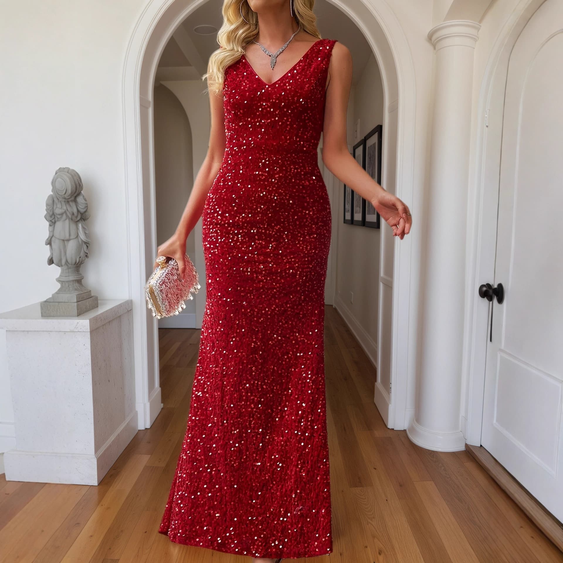 Cross-Border AliExpress Evening Dress Mid-Length Slimming Look Shoulder Straps Sequined Sequin One-Piece Dress with Slit V-Neck Sexy