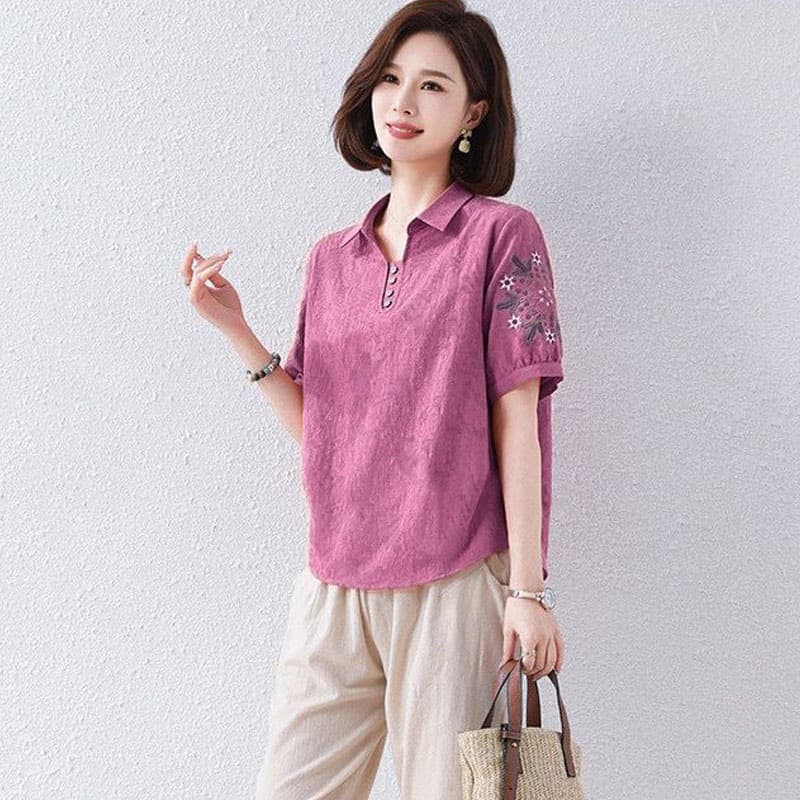 Pure Cotton Jacquard Ethnic Style Retro New Women's Cotton Linen Mother's Summer Embroidered Stylish Short-Sleeve Top for Middle-Aged and Elderly