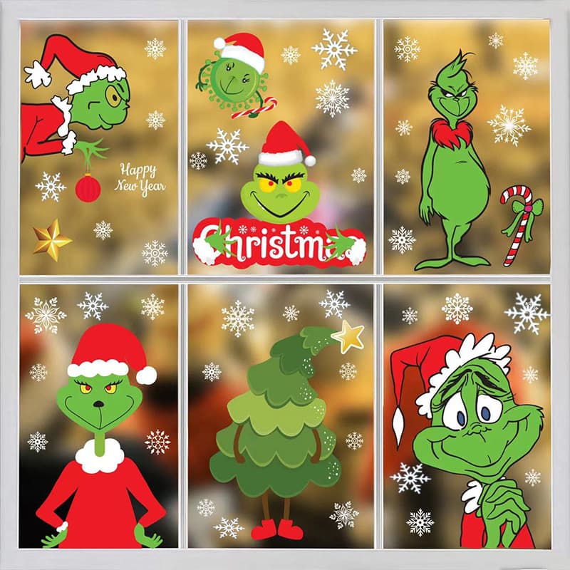 Grinch Christmas Window Stickers New Year Santa Claus Party Display Snowflake Static Cling PVC Material Festive Decorations