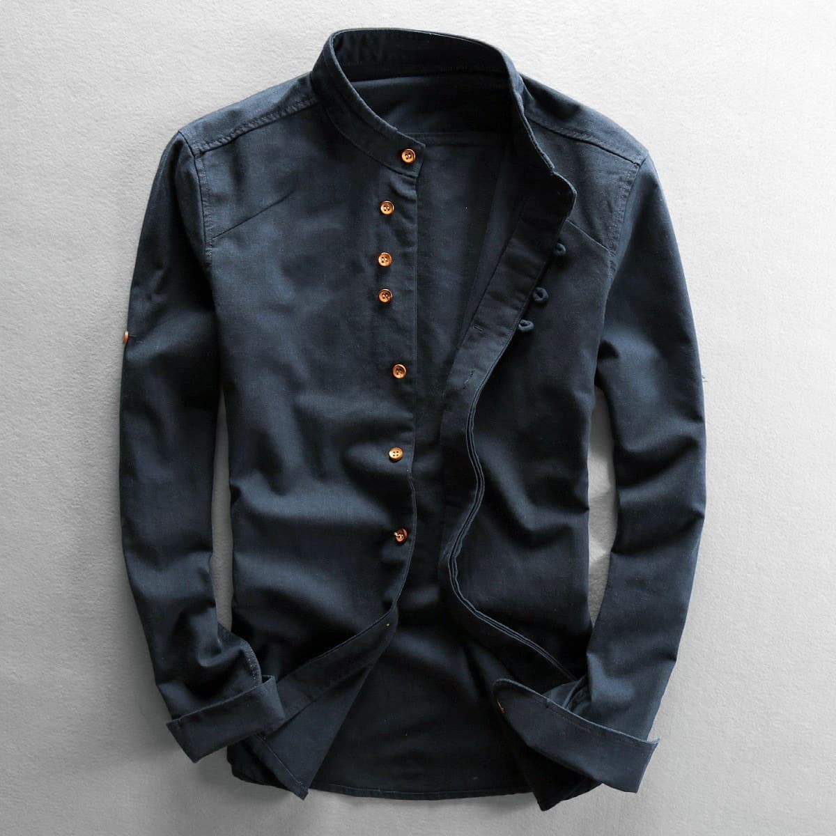 2025 Export European Size Men's Stand Collar Linen Long Sleeve Shirt Solid Cotton Linen Chinese Style Button Shirt