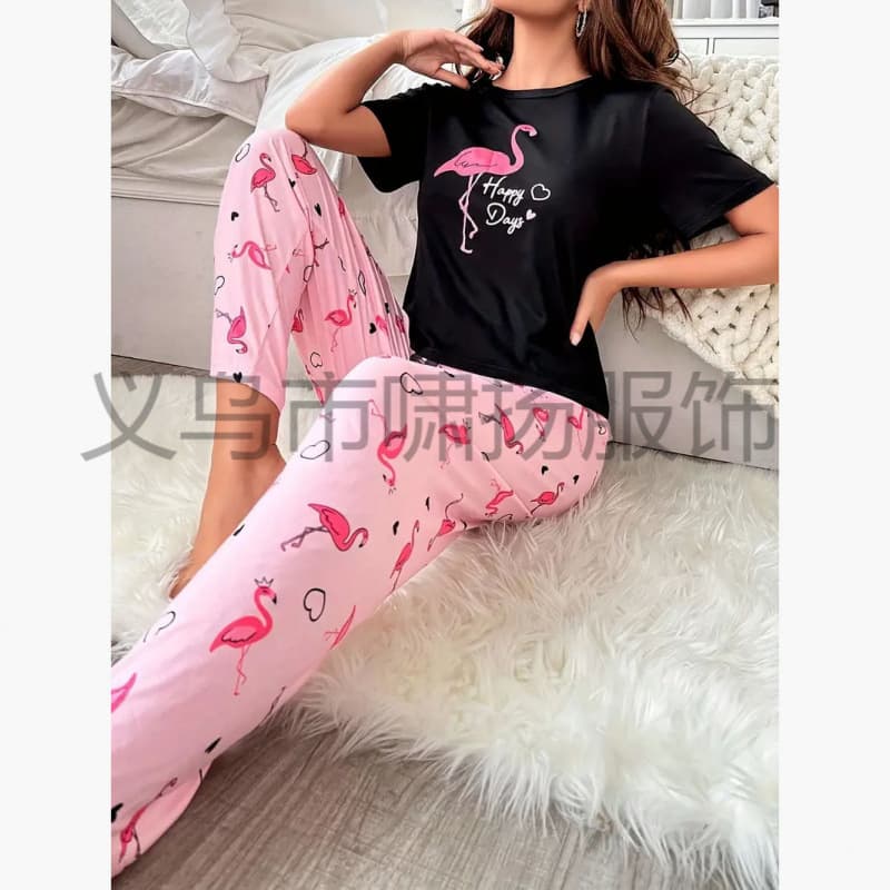 Cross-Border Fashion Short Sleeve Long Pants Homewear Set for Women, New European and American Style Heart Print, POD Custom One Piece
