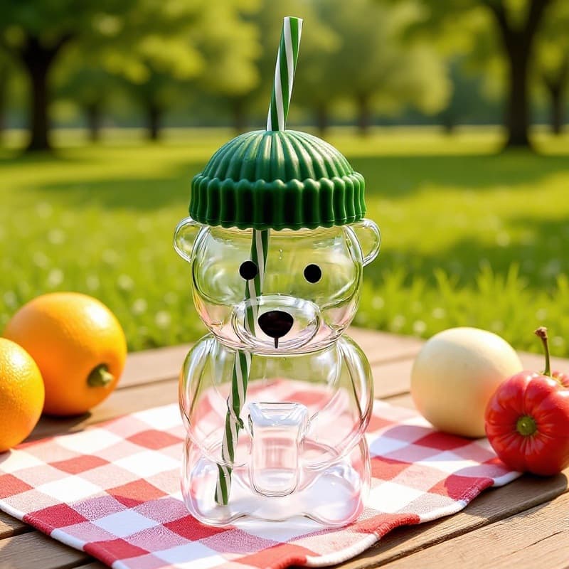 Popular Teddy Bear Shape Straw Cup Christmas Cute Transparent Cartoon Bear Glass Starbucks Water Cup with Lid