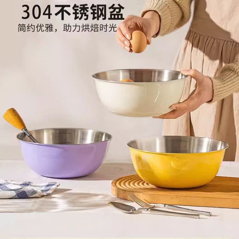 Korean Style Thick 304 Stainless Steel Bowl, Salad Bowl for Kitchen Baking, Egg Beating, Mixing, and Dough Kneading, Household Basin