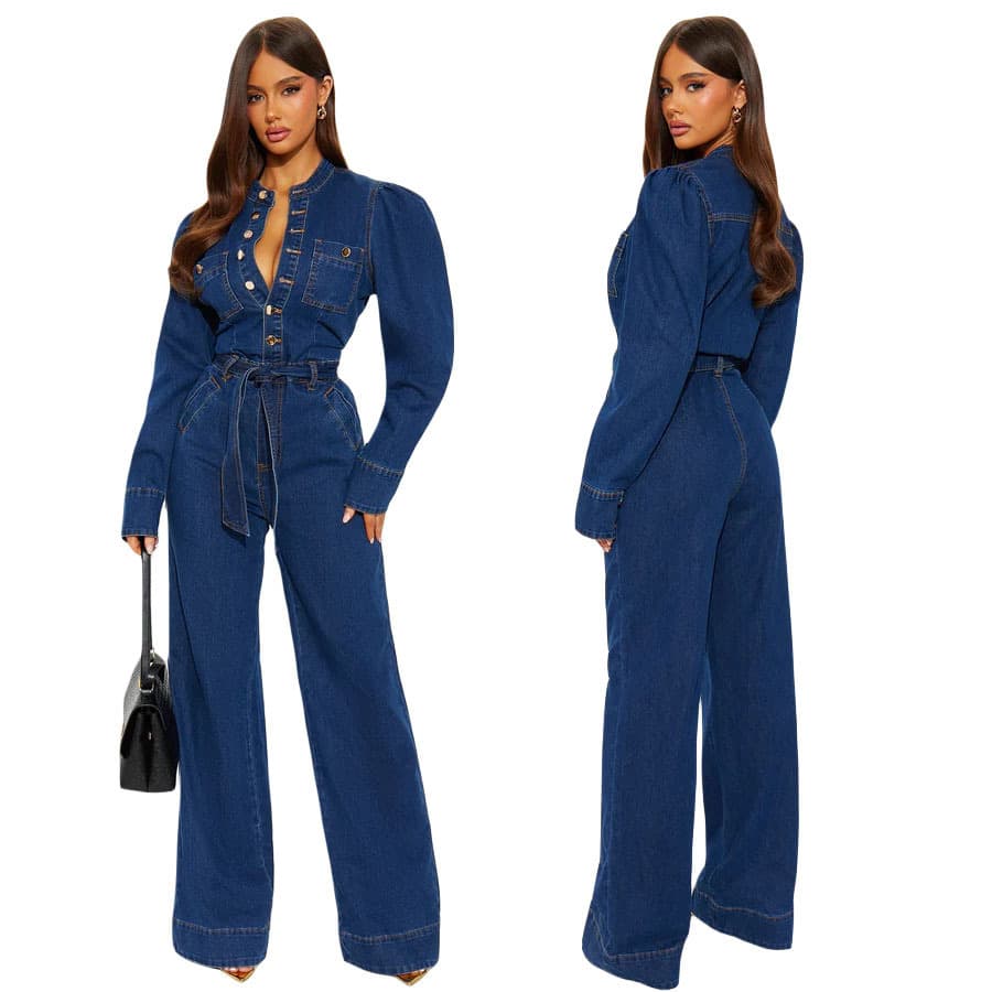 Cross-Border Foreign Trade European and American Amazon Slim Fit Stretch Flared Washed Long-Sleeve Denim Jumpsuit Women's Clothing