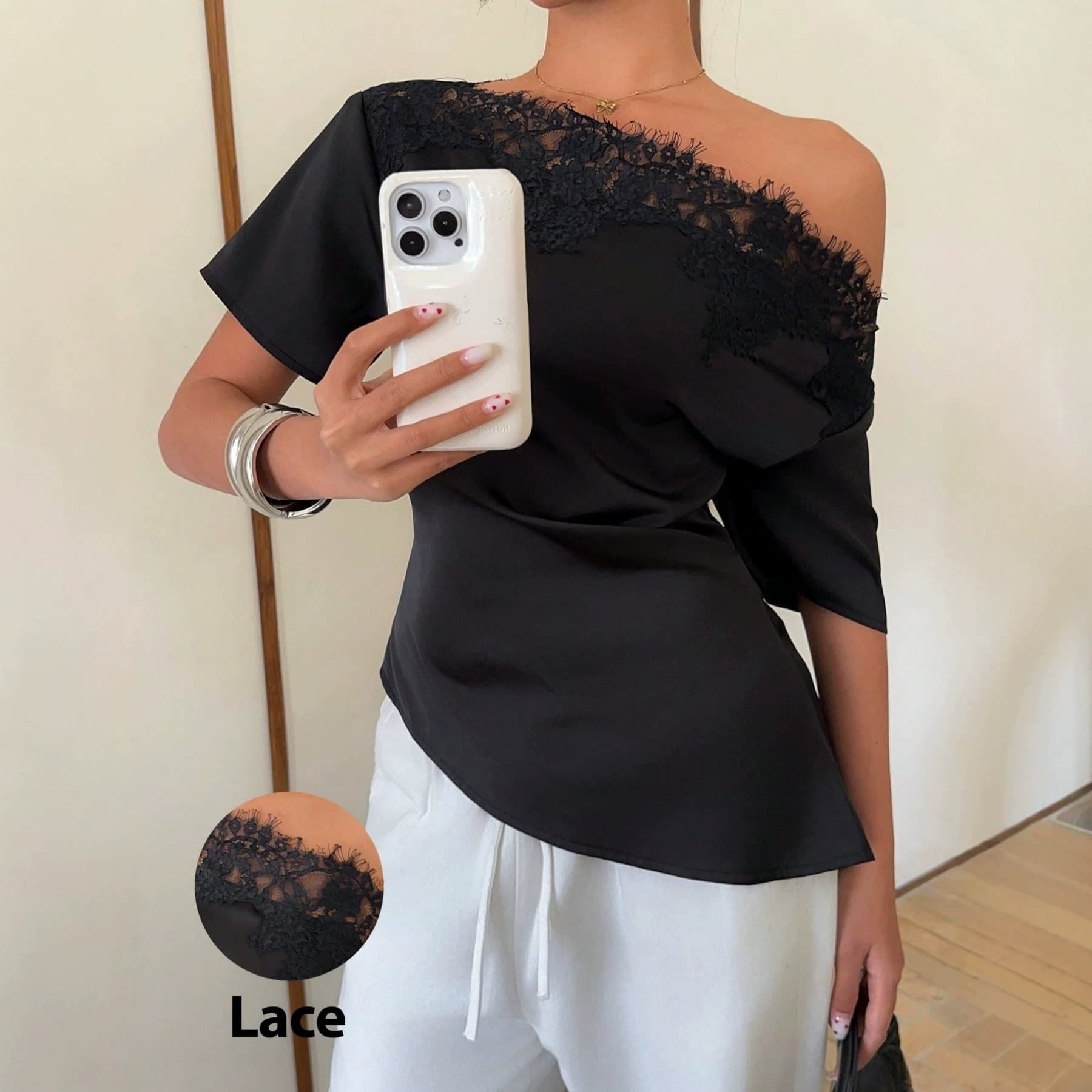New Summer Amazon EU/US Cross-Border Women's Dress Lace Patch One-Shoulder Irregular Waist Elegant Satin Solid Color