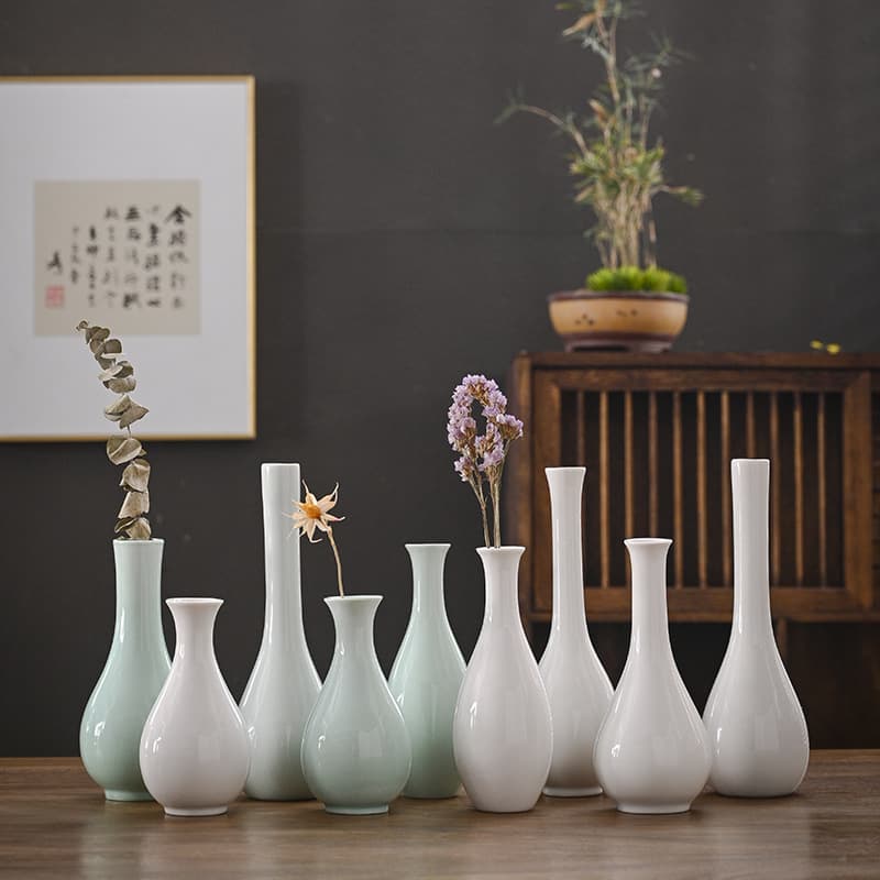 White Jade Pure Vase Tea Ceremony Flower Arrangement Home Decoration Tabletop Green Ceramic Small Vase Guanyin Vase Buddhist Zen Style Vase