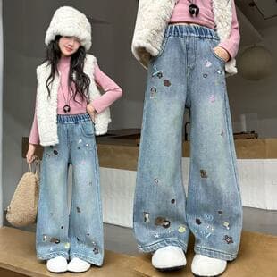 Girl's Spring/Autumn Wide-Leg Jeans, Fashion Loose Colorful Jelly Bean Bear Style Jeans, Comfortable Casual Pants