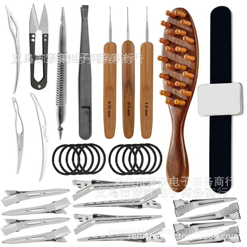 Amazon DIY Handmade Hair Extension Tool Set with 3 Wooden Handle Crochet Hooks, Solid Wood Comb, Duckbill Clips, Jmail Crochet Hook Kit