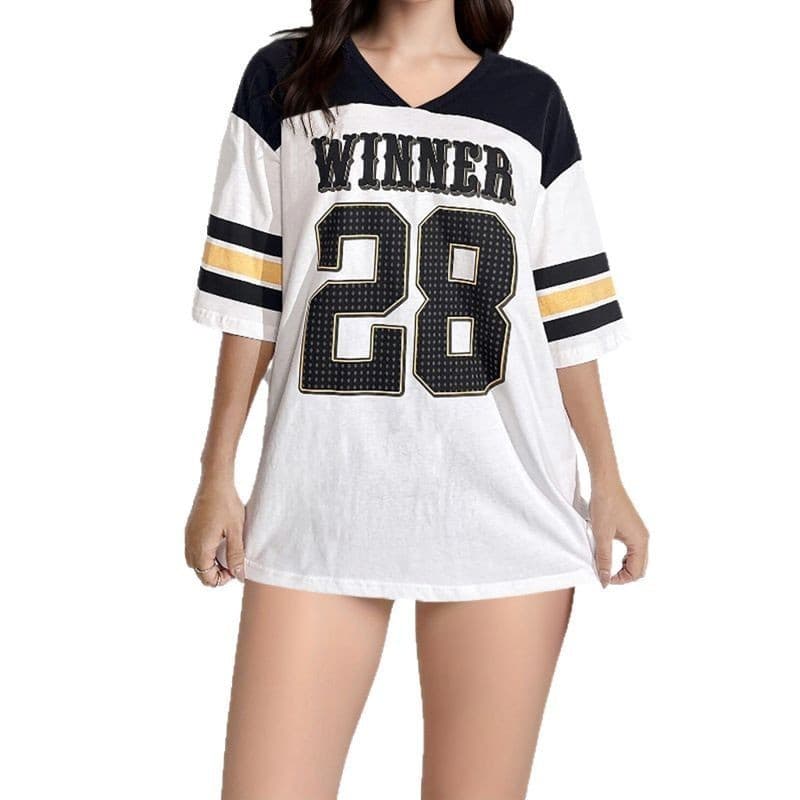 2025 Women's Sports T-Shirt European and American Large Size Women's Loose Digital Print Contrast Color Baseball American Football T-Shirt