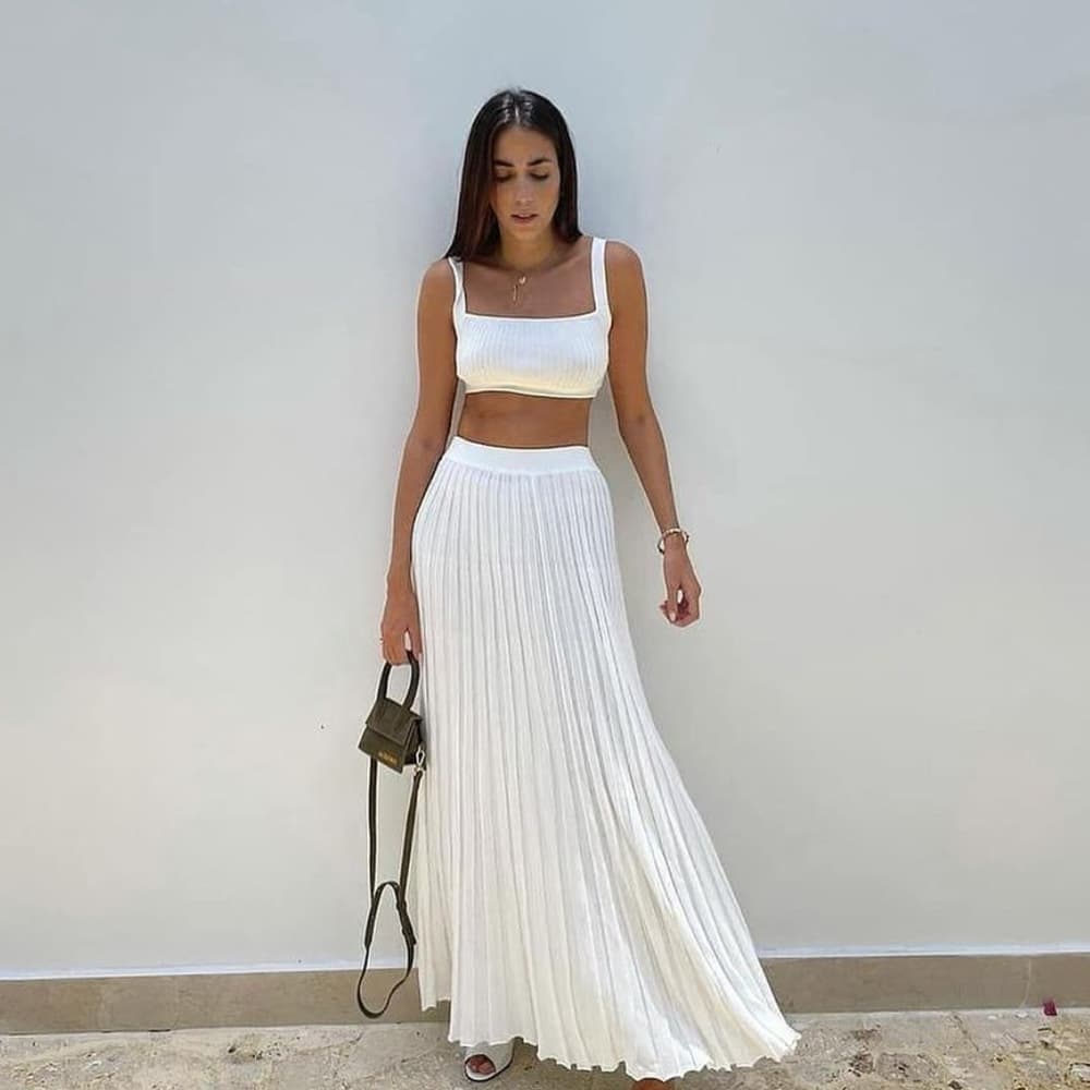 Summer knitted camisole + skirt cross-border women's elegant sleeveless short top pleated skirt suit