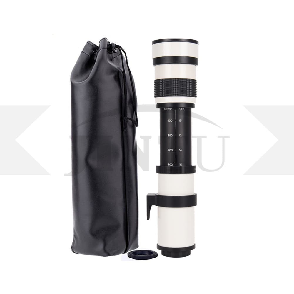 White 420-800mm adjustable zoom super telephoto manual lens for outdoor cameras, SLRs, mirrorless cameras, and photography.