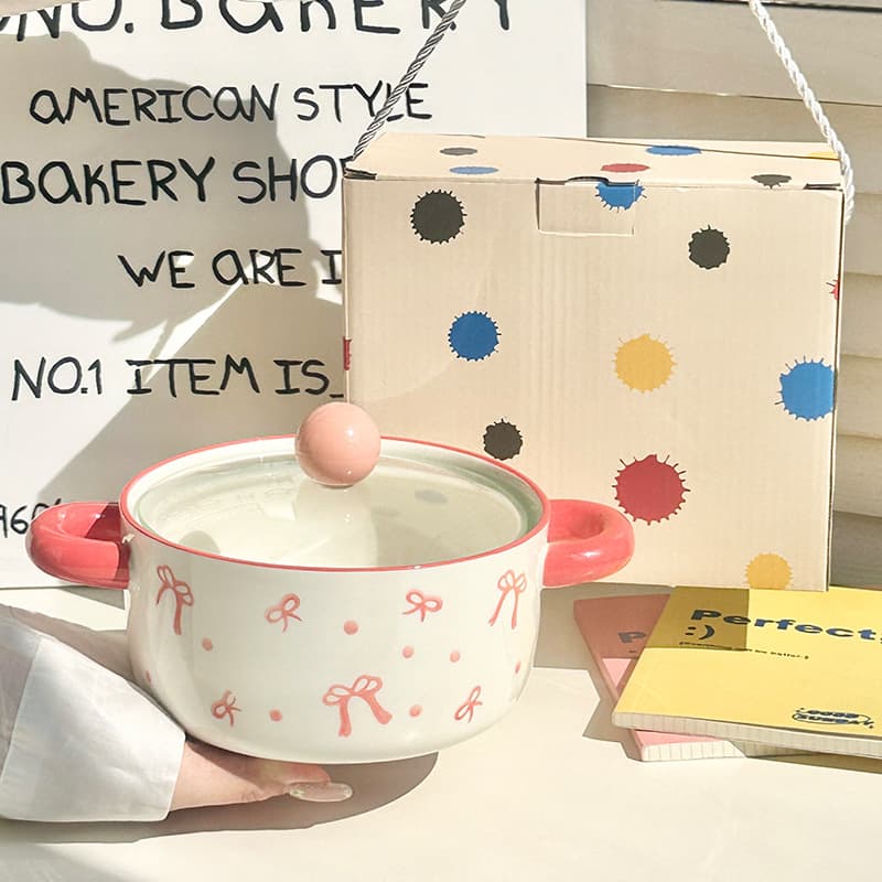 Graduation Gift for Back to School, Cute Bow Ceramic Instant Noodle Bowl, Birthday Gift for Girls, Best Friend Gift Box