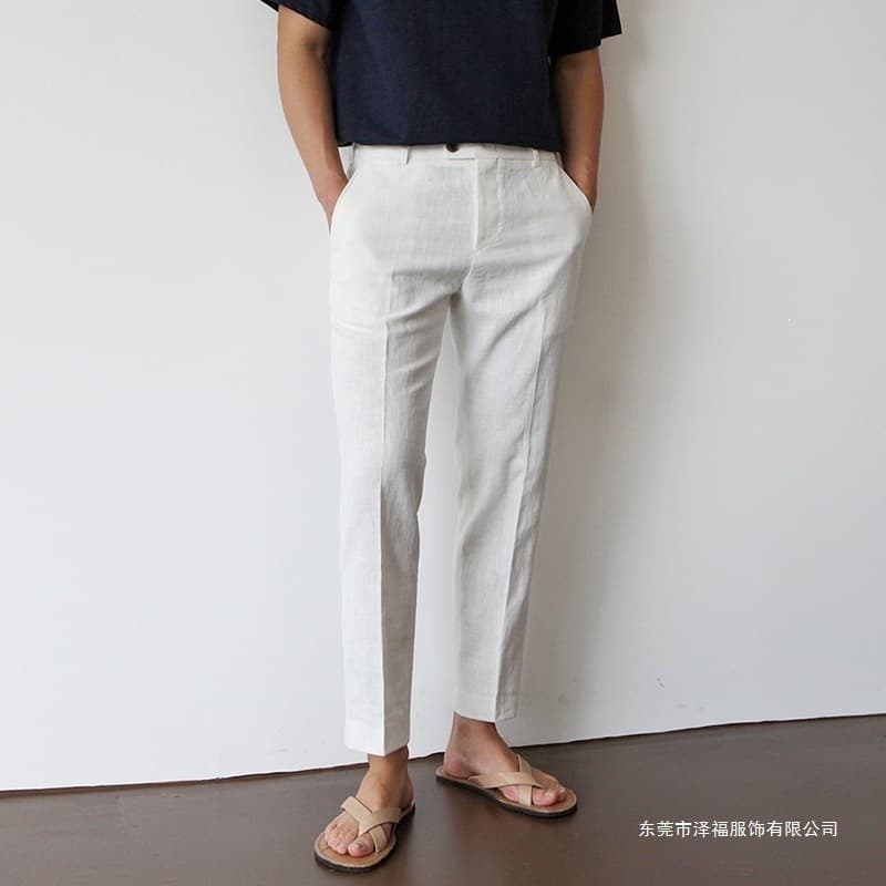 2026 Cross-Border Linen-Blend Trousers White Men's Cotton-Linen Cropped Pants Casual Straight-Leg Breathable Suit Pants