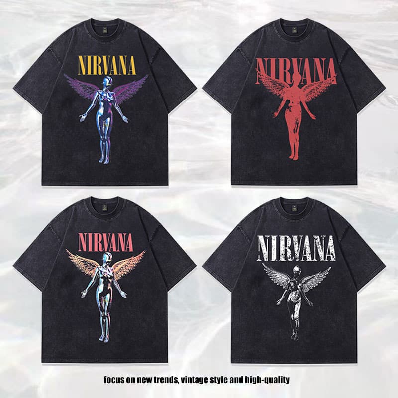 TKPA American retro Nirvana band rock rebirth direct spray print washed vintage short-sleeve T-shirt for men