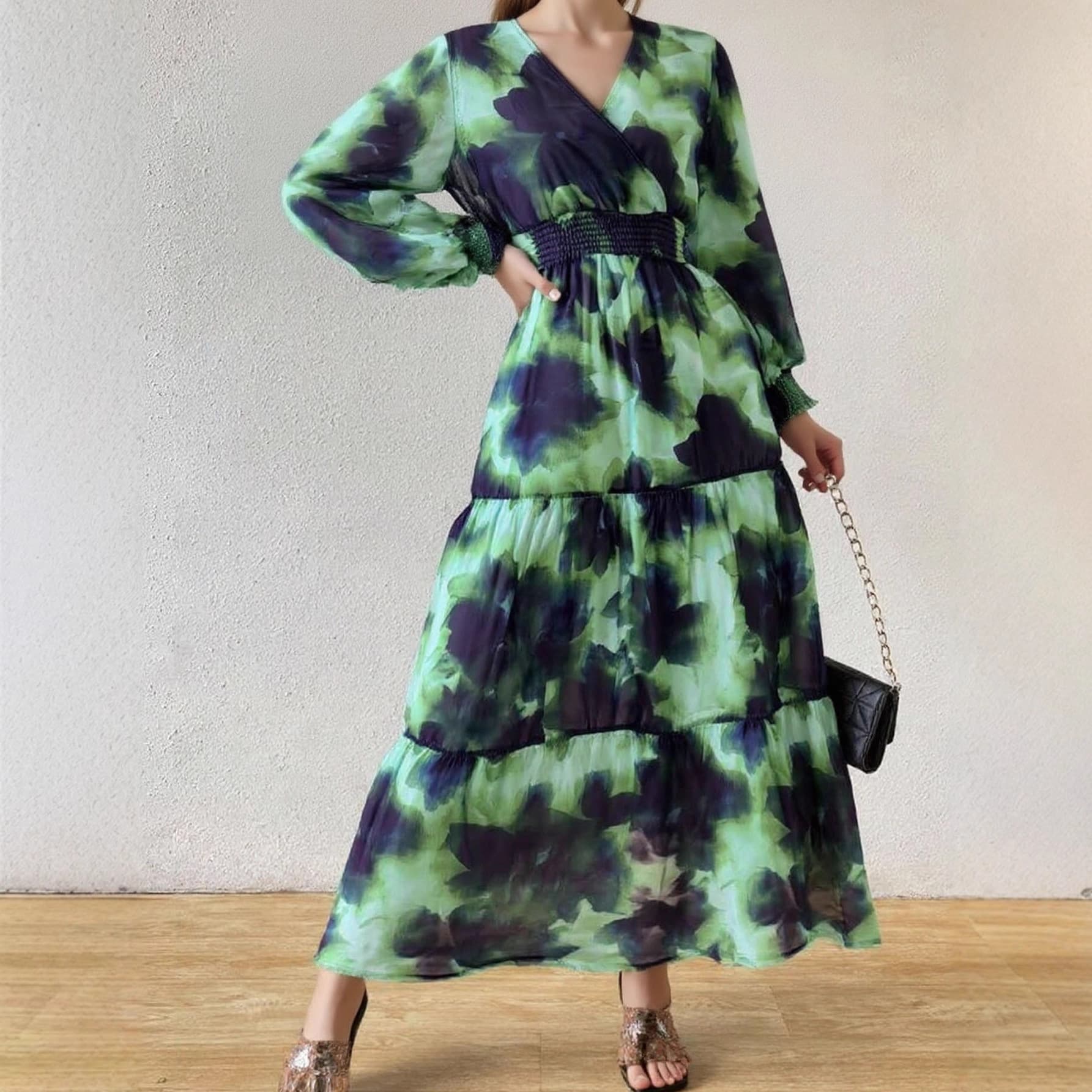 Cross-border Resort Style Dark Green Smudged Long Dress V-Neck Waist Chiffon Long Sleeve Elegant Romantic Printed Dress