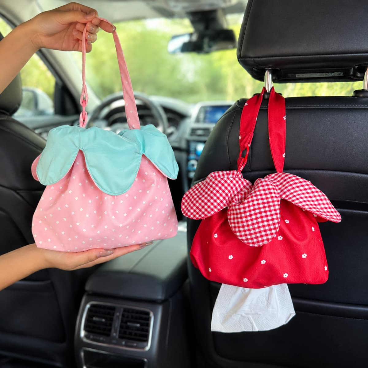 Car tissue box original cute red flower tissue bag car fresh drawstring car flower tissue bag