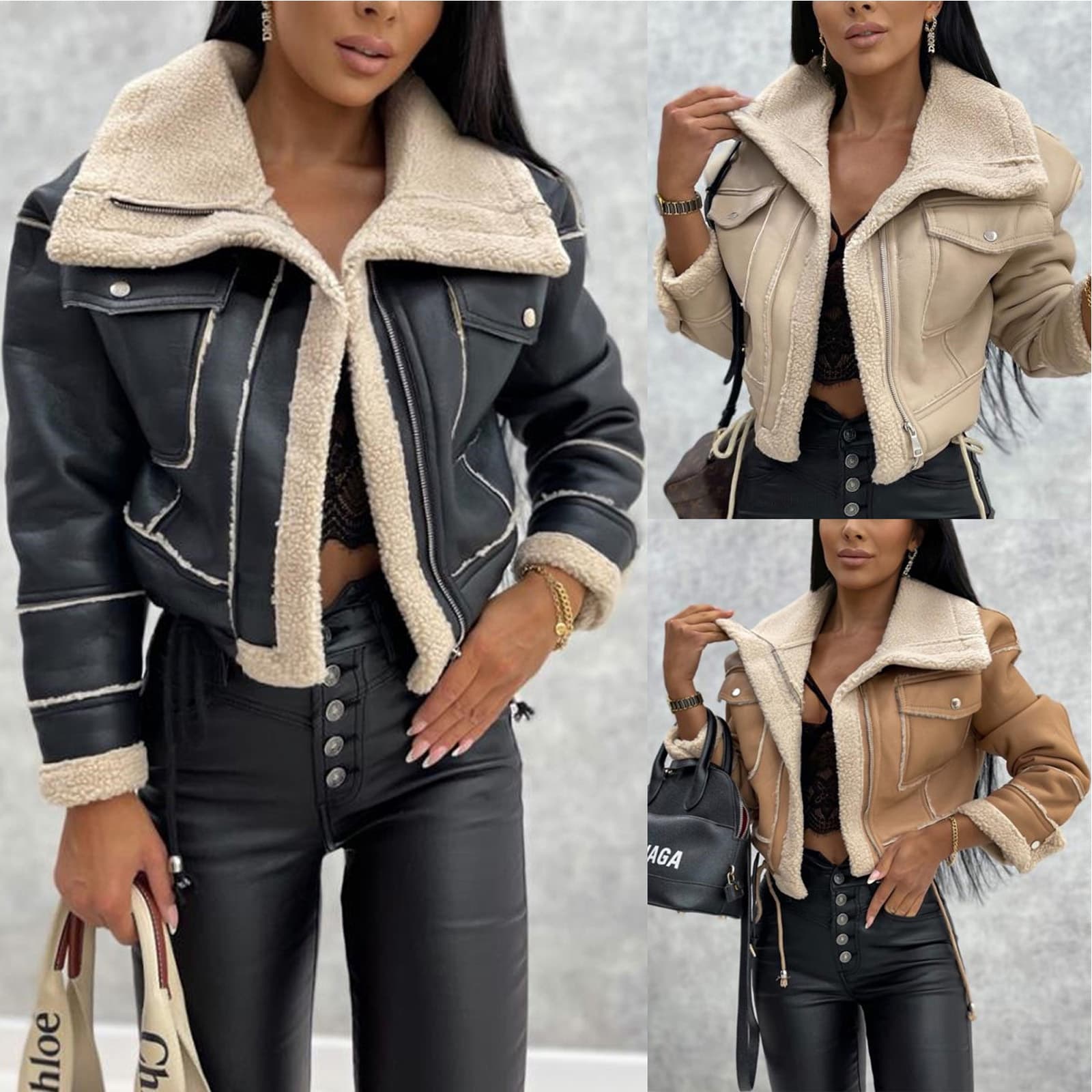 European and American Fashion Autumn Winter New Lamb Wool Short Jacket Zipper Motorcycle Style Coat Top Women SU3120
