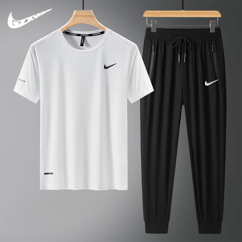 Ice silk sports suit men's casual summer thin short-sleeved T-shirt trousers full set running quick-drying two-piece set for men
