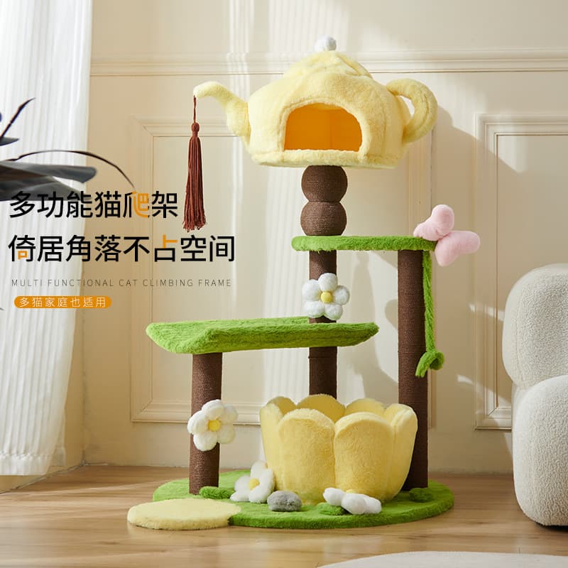 Naughty Spring Tea Style Cat Climbing Frame and Cat House Combo for Small Homes, Space-Saving Cat Tree with Viewing Platform