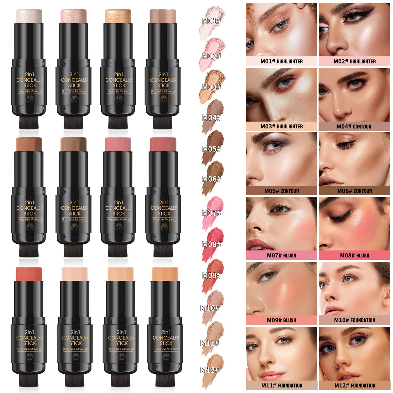 hellokiss Double-Ended Highlighter Blush Contour Stick Brightening Shadow Stick 3D Face Blush Stick with Brush Head