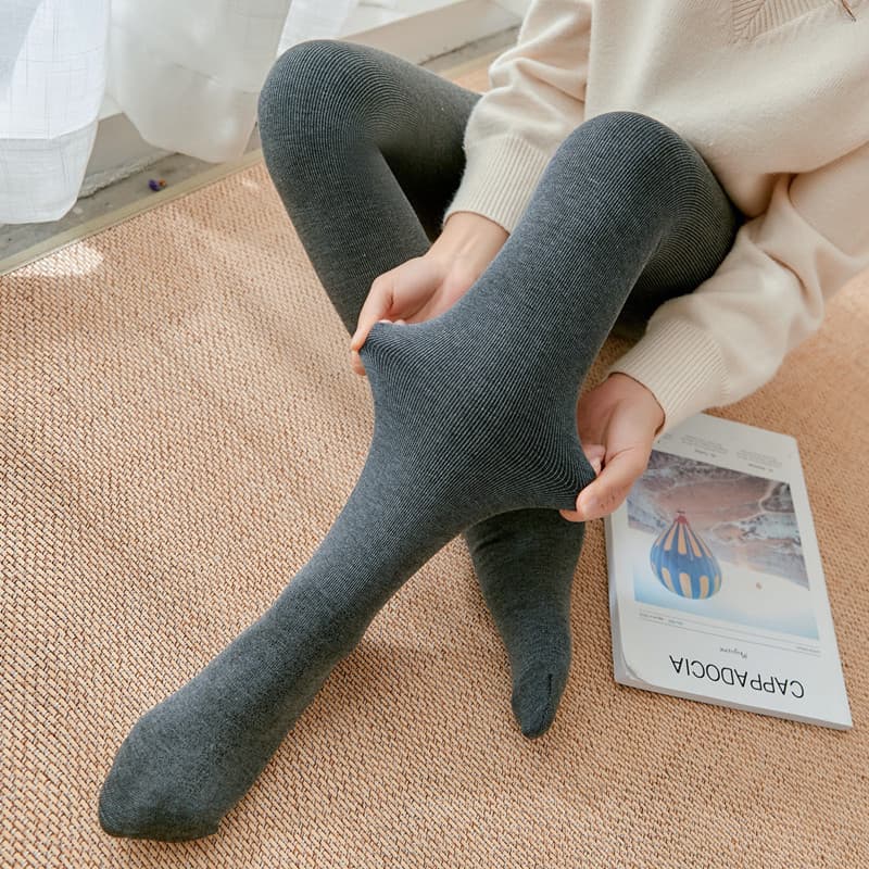 Autumn/Winter Fleece-Lined Thickened Ribbed Vertical Stripe Leggings, Wear-Outside Footed Thermal Pants for Women, One-Piece Design