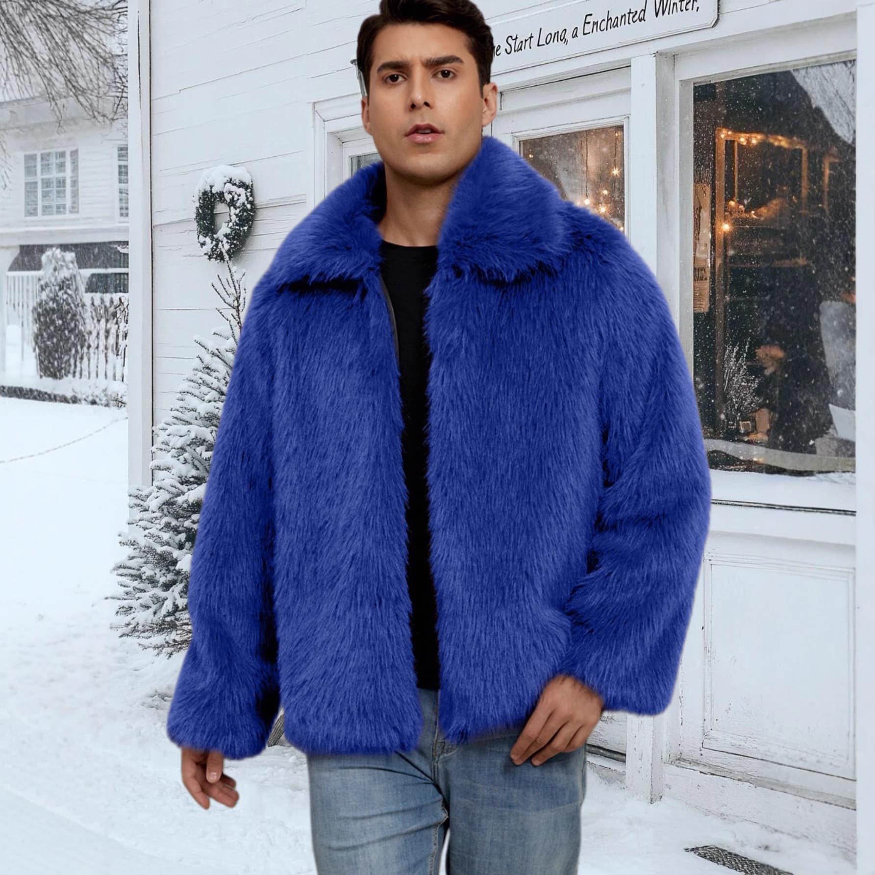 In Stock European and American Cross-Border Trade New Winter Men's Lapel Fur-Trimmed Jacket Eco-Friendly Faux Fur Coat