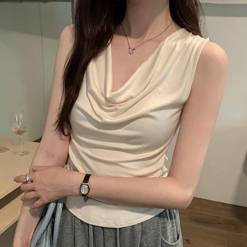 French-style Design Vest with Draped Neckline, Women's Summer 2025 New Arrival, Fitted and Slimming Sleeveless Top