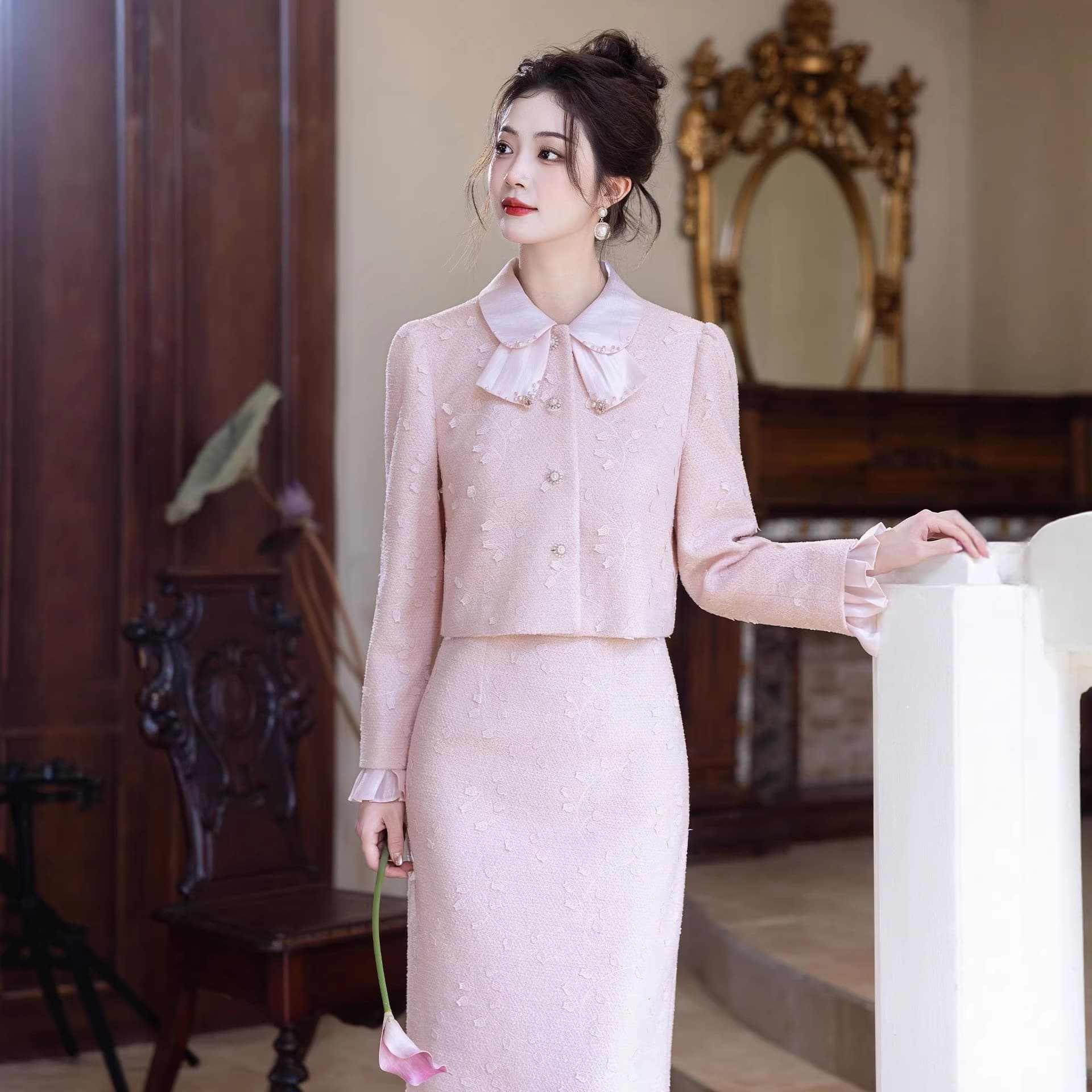 New Chinese Style Pink Wedding Dress 2026 Autumn/Winter New Bride Toast Dress Little Chanel Style Set for Return Banquet and Certificate Ceremony