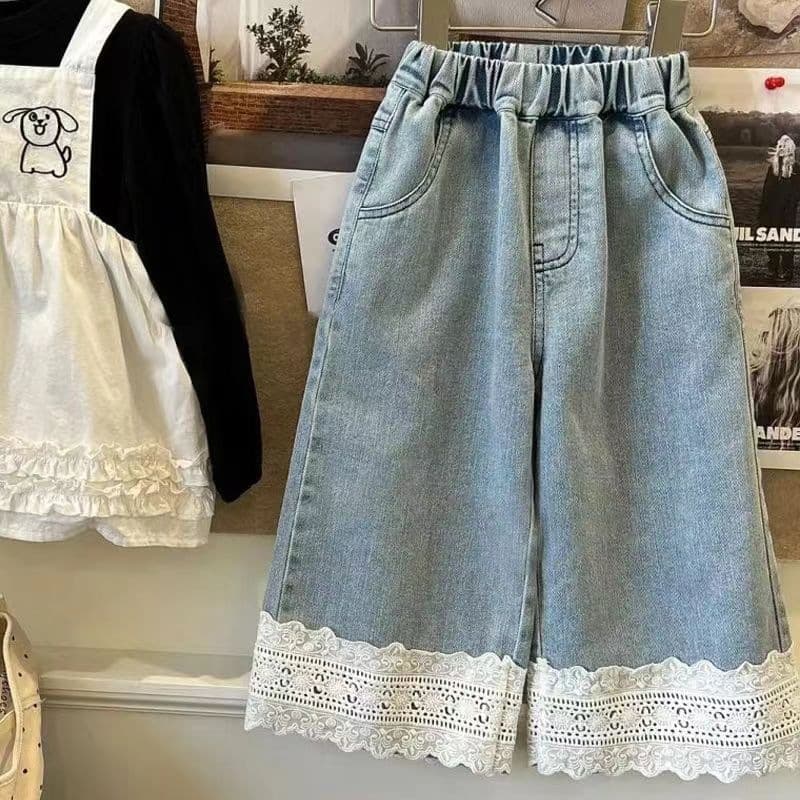 Girls Summer Lace Flower Seven-Point Straight Jeans New Baby Fashion Children Jeans Trend