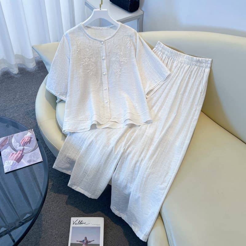 New Chinese Style Thin Lace Round Neck Heavy Embroidery Cardigan Short Sleeve Top Loose Wide Leg Pants Set