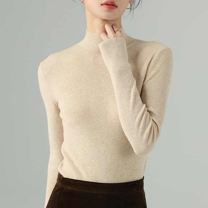 Machine Washable Worsted 60s Fine Semi-Turtleneck Wool Base Layer Top Women's Fall/Winter Pullover