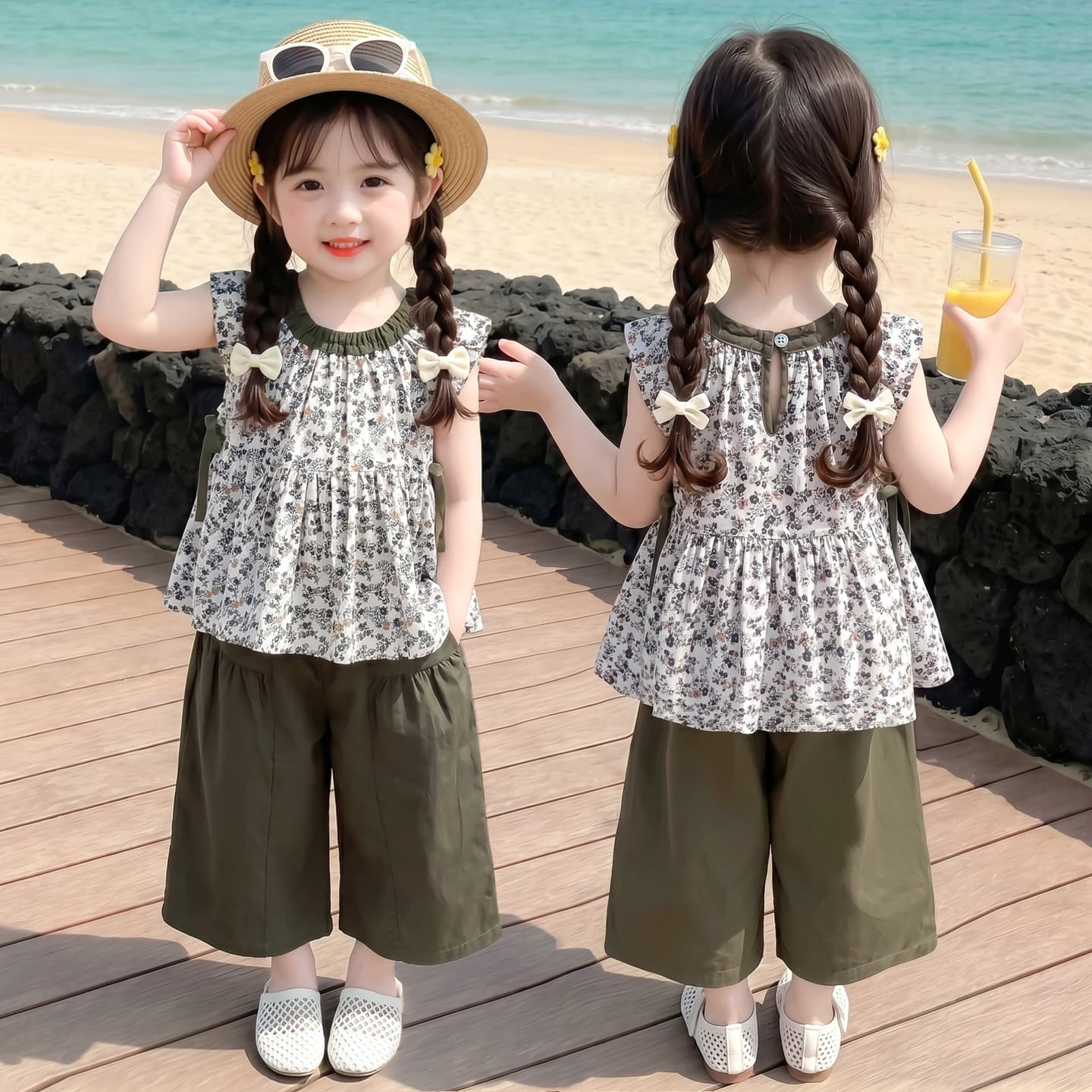 Summer Girls Flutter Sleeve Floral Vest Top Wide-Leg Capri Pants Set, Children's Sleeveless Top Two-Piece Set