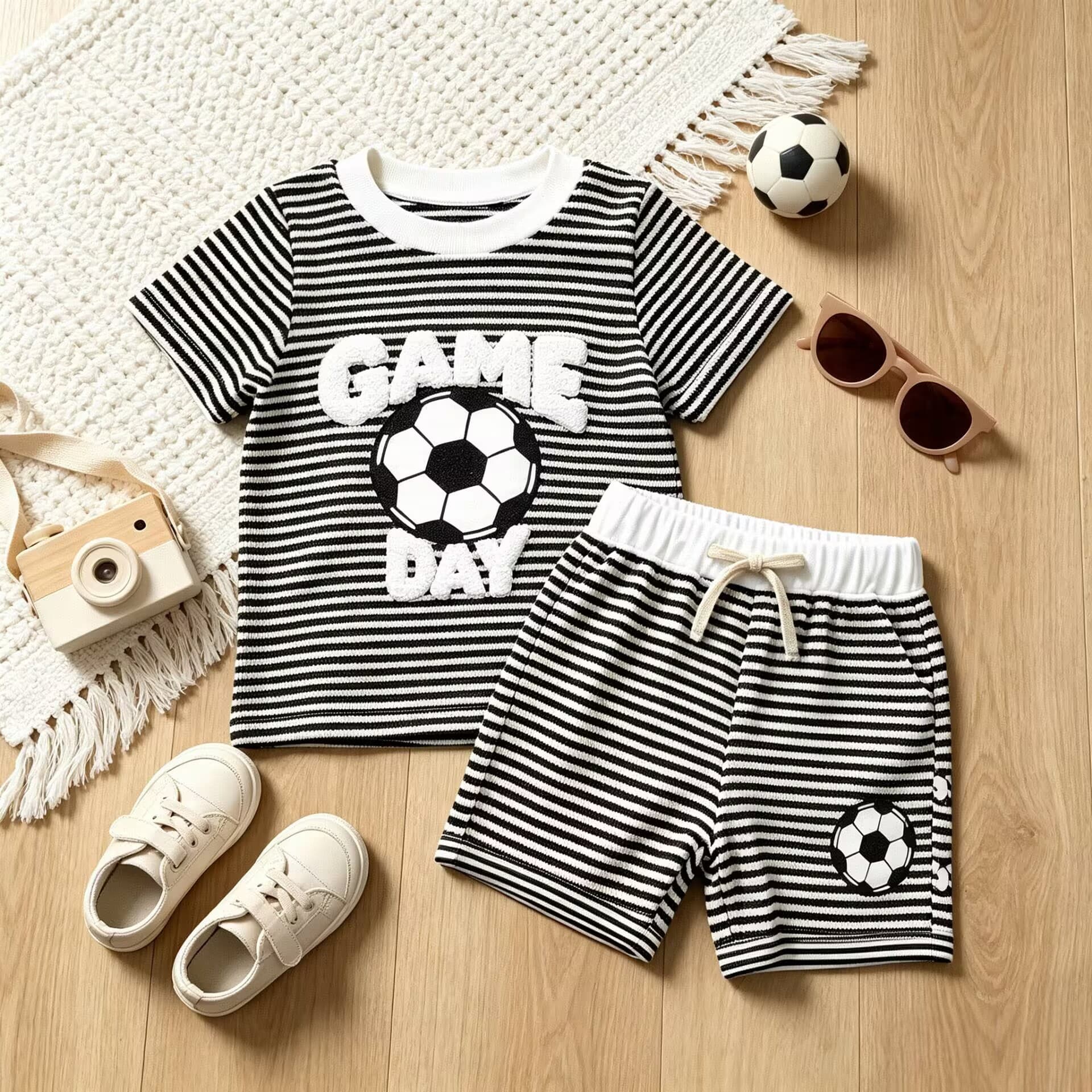 Boys Summer Striped Short Sleeve Set Toddler Football Embroidered Sports Two-Piece Set Baby Casual Outfit