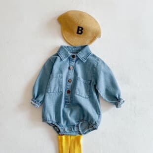 2026 Spring Baby Girl 100-Day Wear Denim Long Sleeve Bodysuit, Triangle Crotch Romper, Loose Fit
