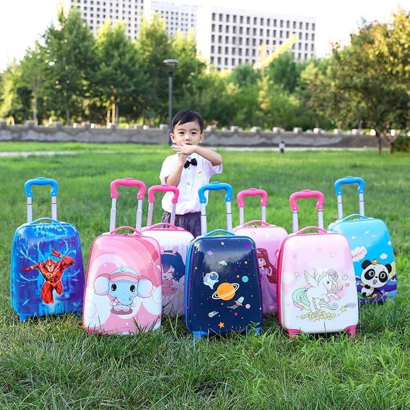 New 18-inch children's trolley case with cartoon characters, printed logo, suitable for students and travelers, with universal wheels.