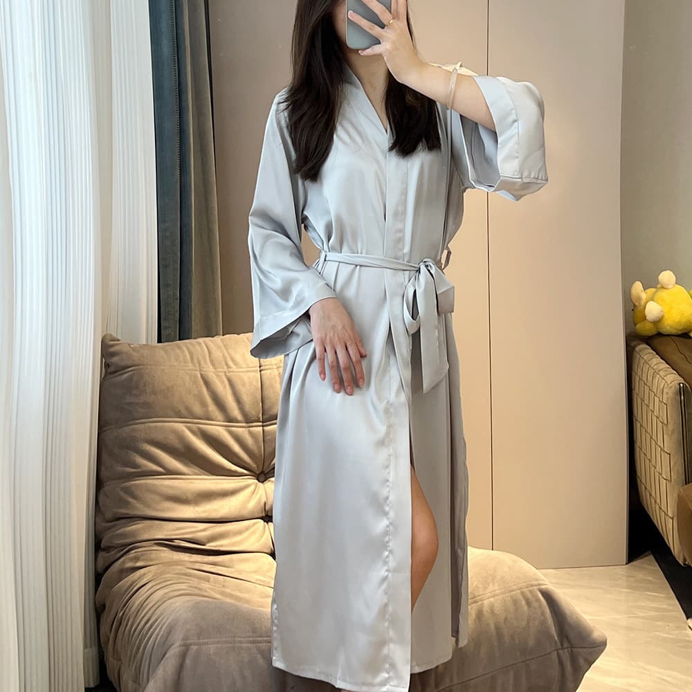 Cross-border Plus Size Long Sleeve Nightgown Ice Silk Women Spring Summer Loose Tie Long Robe High-End Printed Loungewear