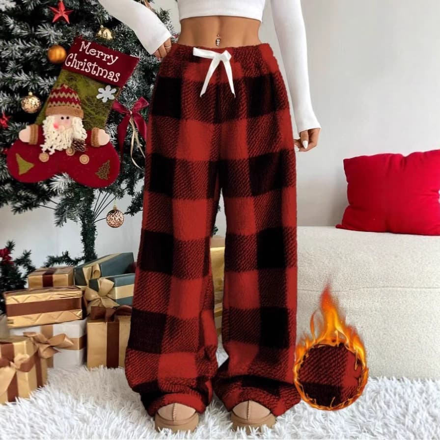 2025 Amazon Autumn/Winter Cross-border Dropship Women's Lace-up Puffy Plaid Print Casual Wide-leg Loose Pants