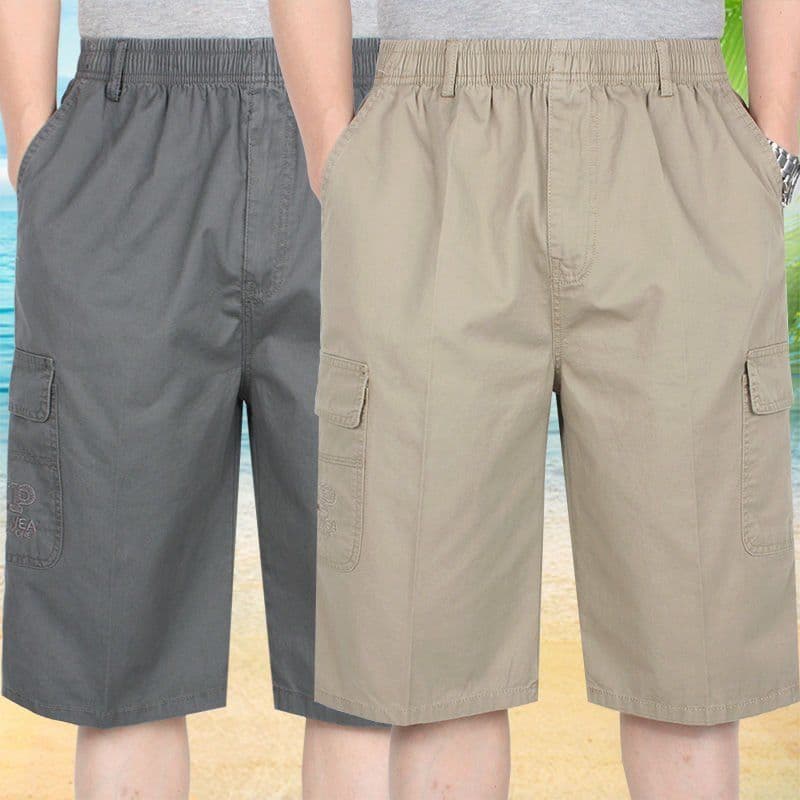 Summer Men's Loose-Fit High-Waist Cotton Shorts with Elastic Waist and Multiple Pockets, 5-Point and 7-Point Lengths