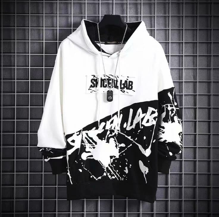 Japanese Hip Hop Hoodie for Men Trendy Long Sleeve Top Spring Autumn Splatter Color Block Loose Jacket Streetwear Hoodie